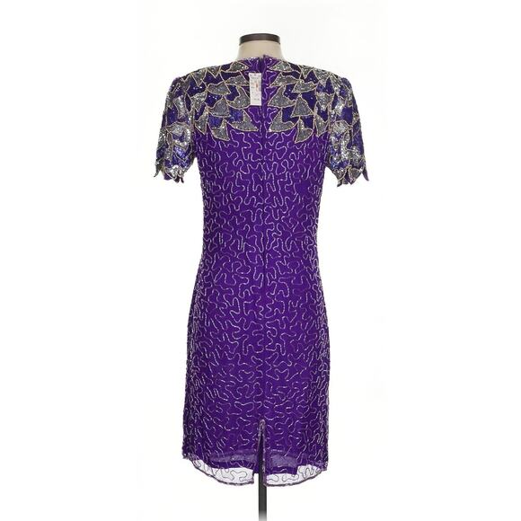 NWT VTG Carina Beaded Midi Dress Purple Silk 80s Hearts Disco Mardi Gras Small - Picture 2 of 4